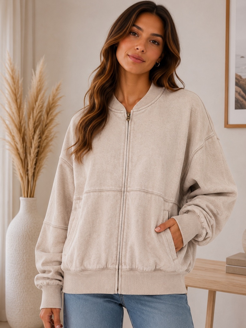 968. Women's Ash Mocha Acid Washed Fleece Jacket Front Zip